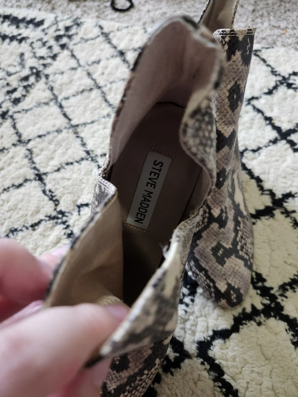 Steve Madden Snake-Print Block Heel Ankle Boots - Black, Cream, Tan 8 - Picture 8 of 9